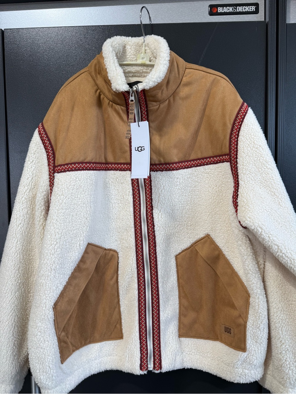 UGG Cream Sherpa Jacket with Tan Suede Panels and Red Trim
